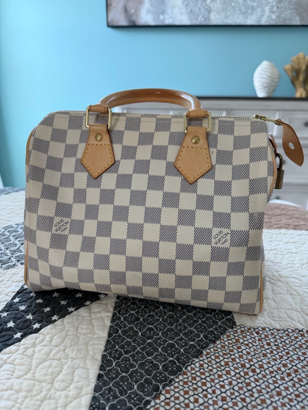 ✨ Louis Vuitton Damier Azur Canvas Speedy Handbag - Blue & Cream Check